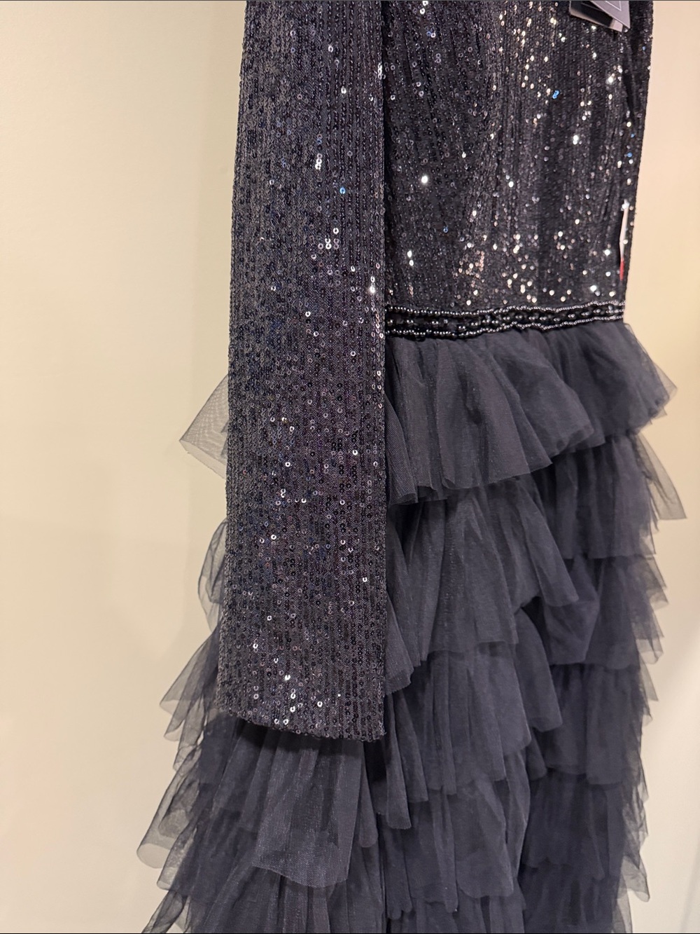 XiRENA for MAC DUGGAL Black Sequin Bodice Tiered Tulle Womens Dress - Picture 4 of 6